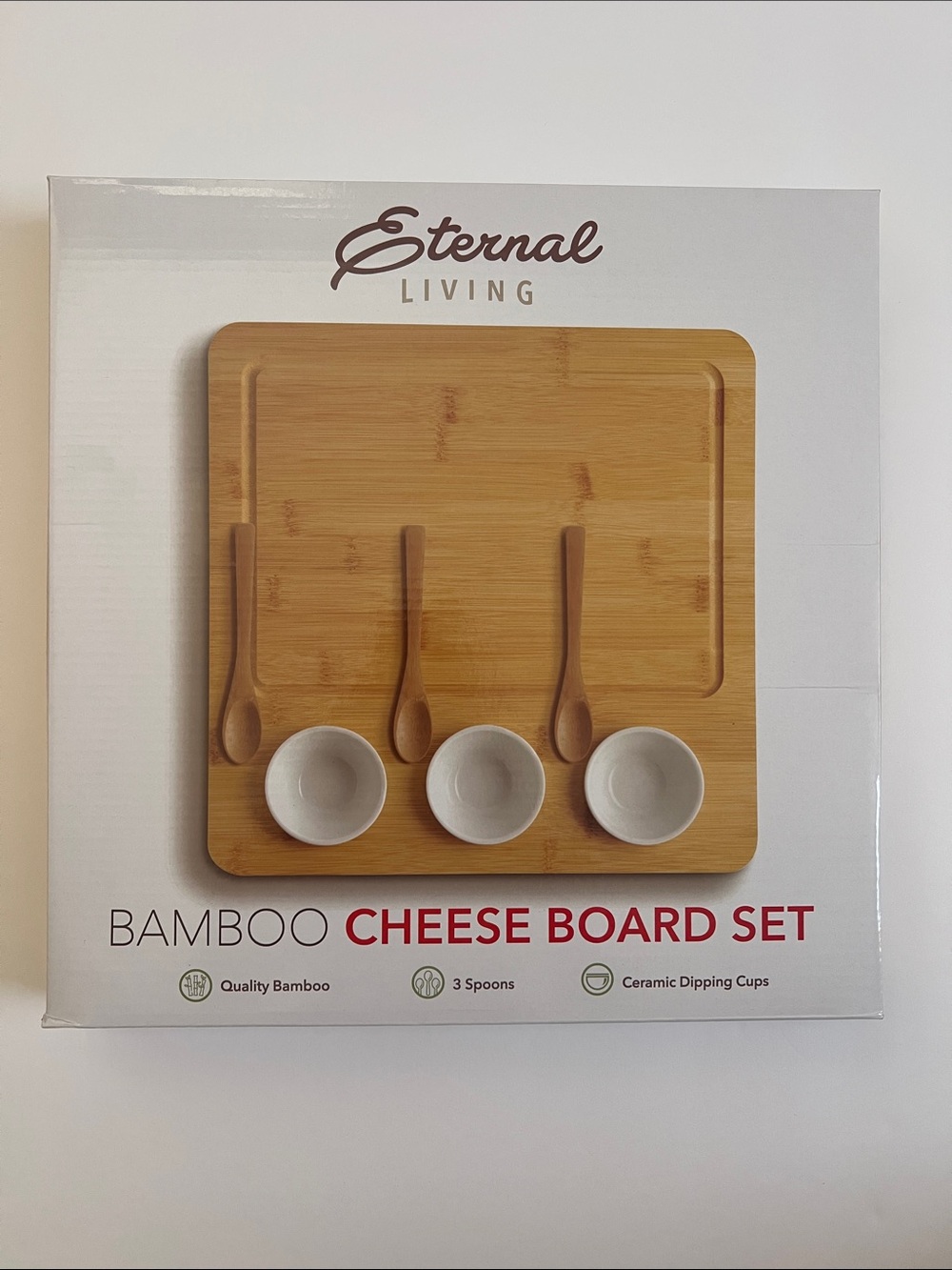 Bamboo Charcuterie Board Set with 3 Serving Spoons and Ceramic Dipping Cups